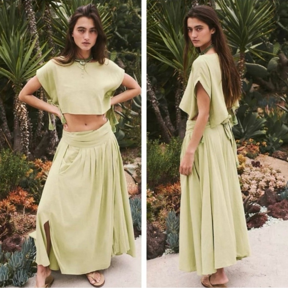 Free People green linen skirt and top.